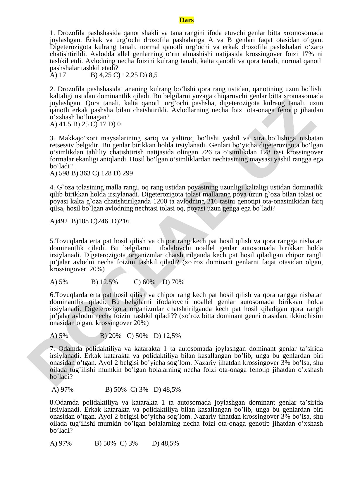 Drozofila pashshasida genlarning birikkan irsiylanishi