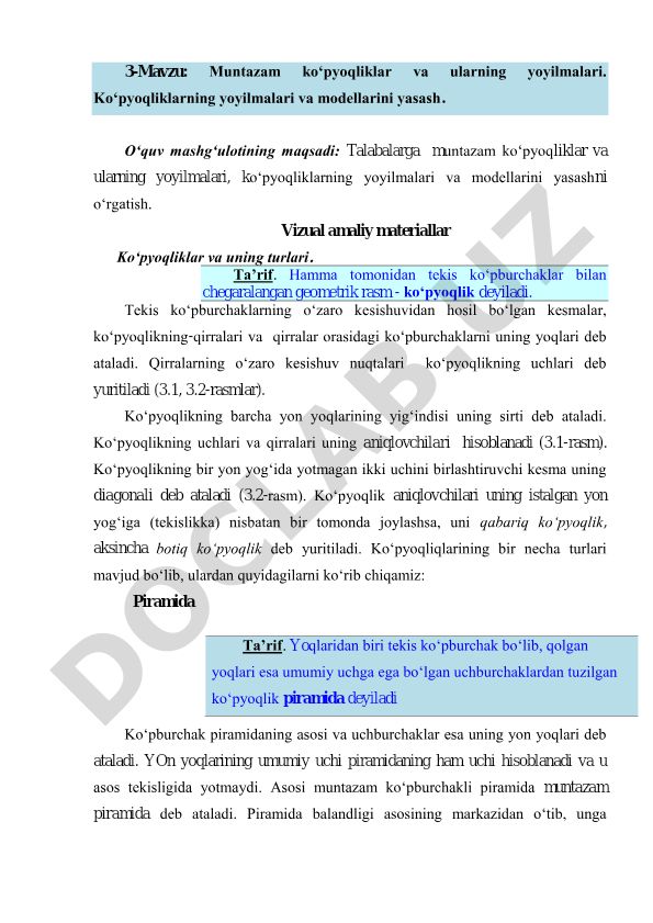 Muntazam ko‘pyoqliklar va ularning yoyilmalari