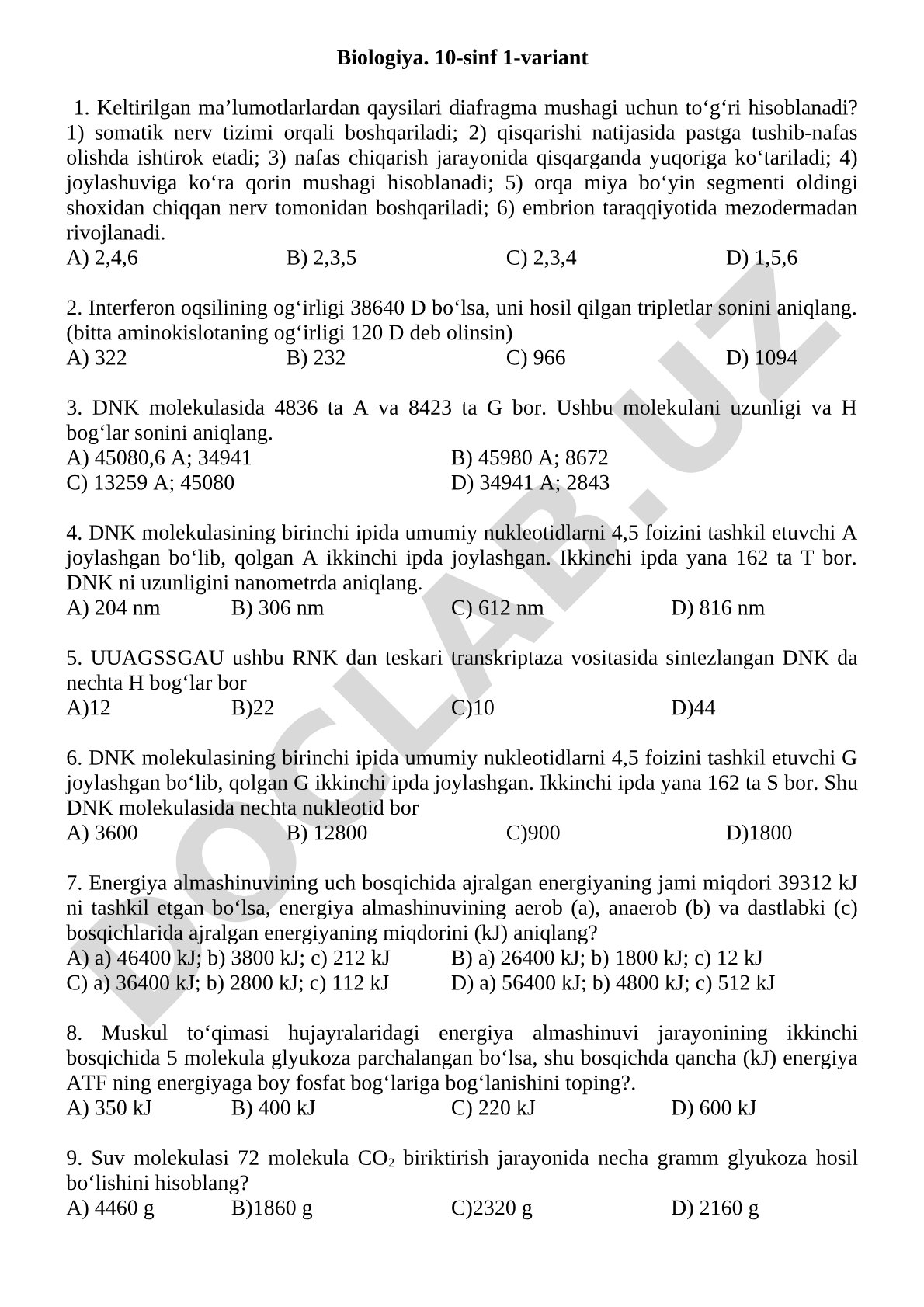 Biologiya 10-sinf: DNK, oqsil va nafas olish testlari