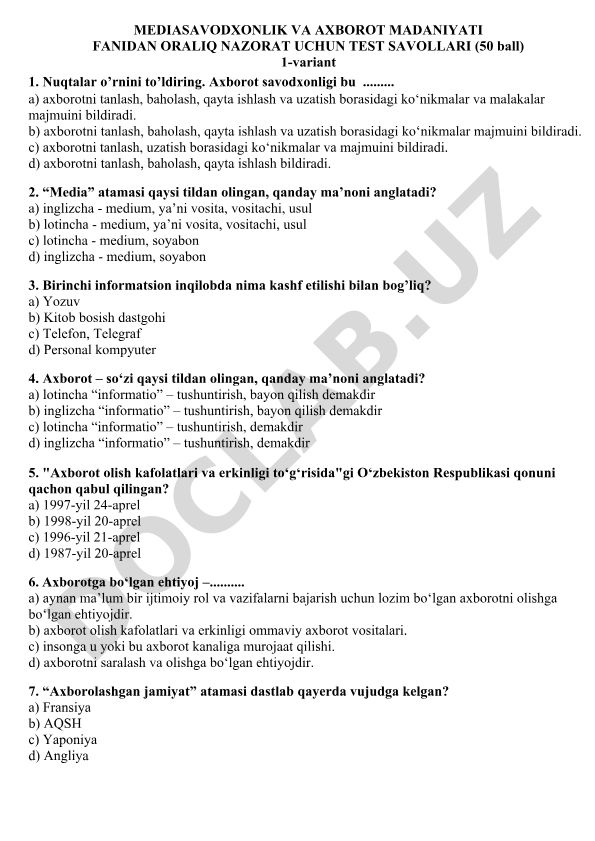 Mediasavodxonlik va axborot madaniyati fanidan oraliq nazorat test savollari