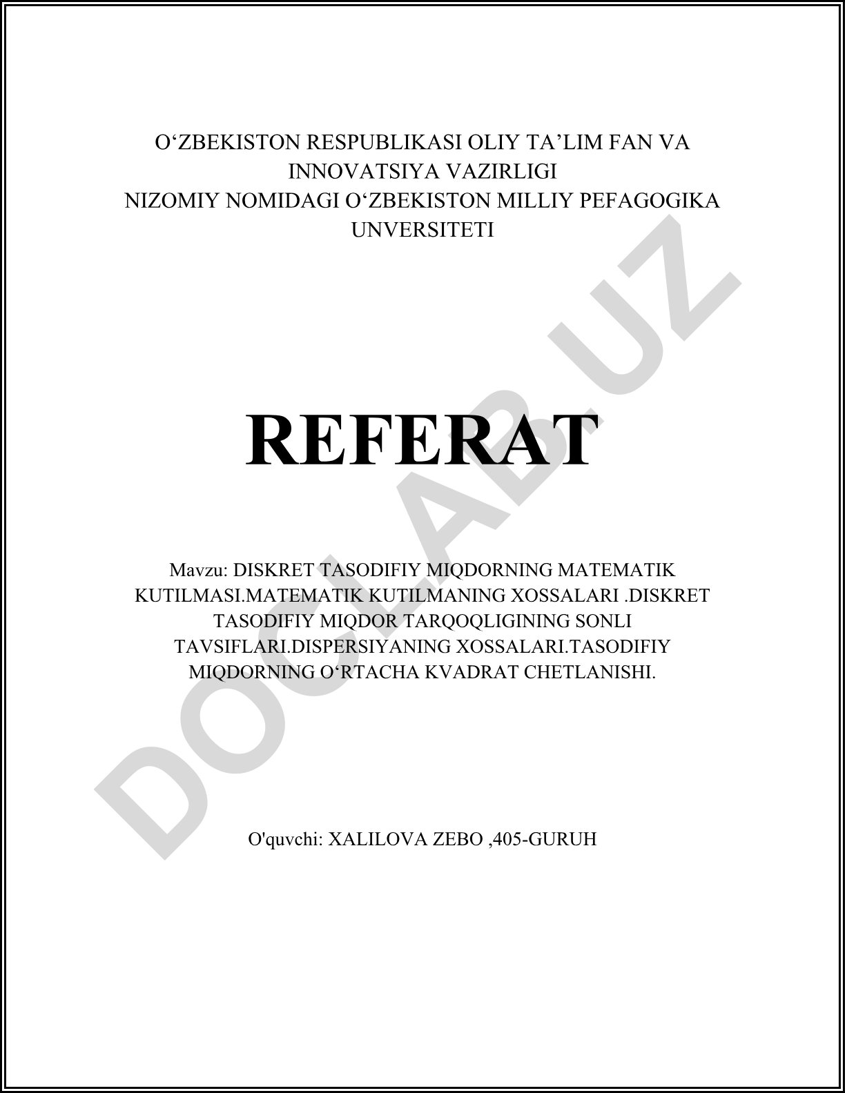 Diskret tasodifiy miqdorning matematik kutilmasi va uning xossalari