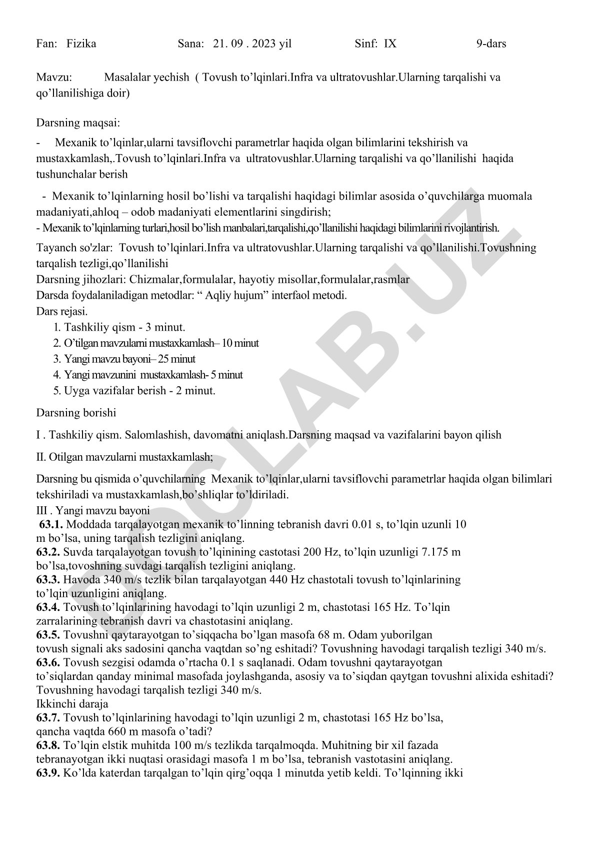 Masalalar yechish (Tovush to’lqinlari.Infra va ultratovushlar.Ularning tarqalishi va qo’llanilishiga doir)