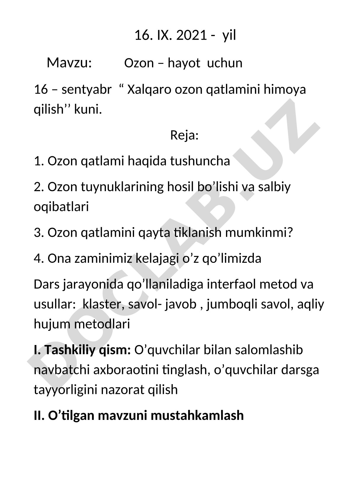 Ozon – hayot uchun 16 – sentyabr Xalqaro ozon qatlamini himoya qilish kuni