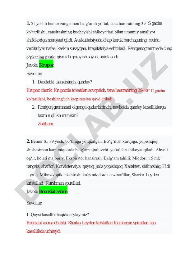 Krupoz va bronxial astma kasalliklarining klinik holatlari