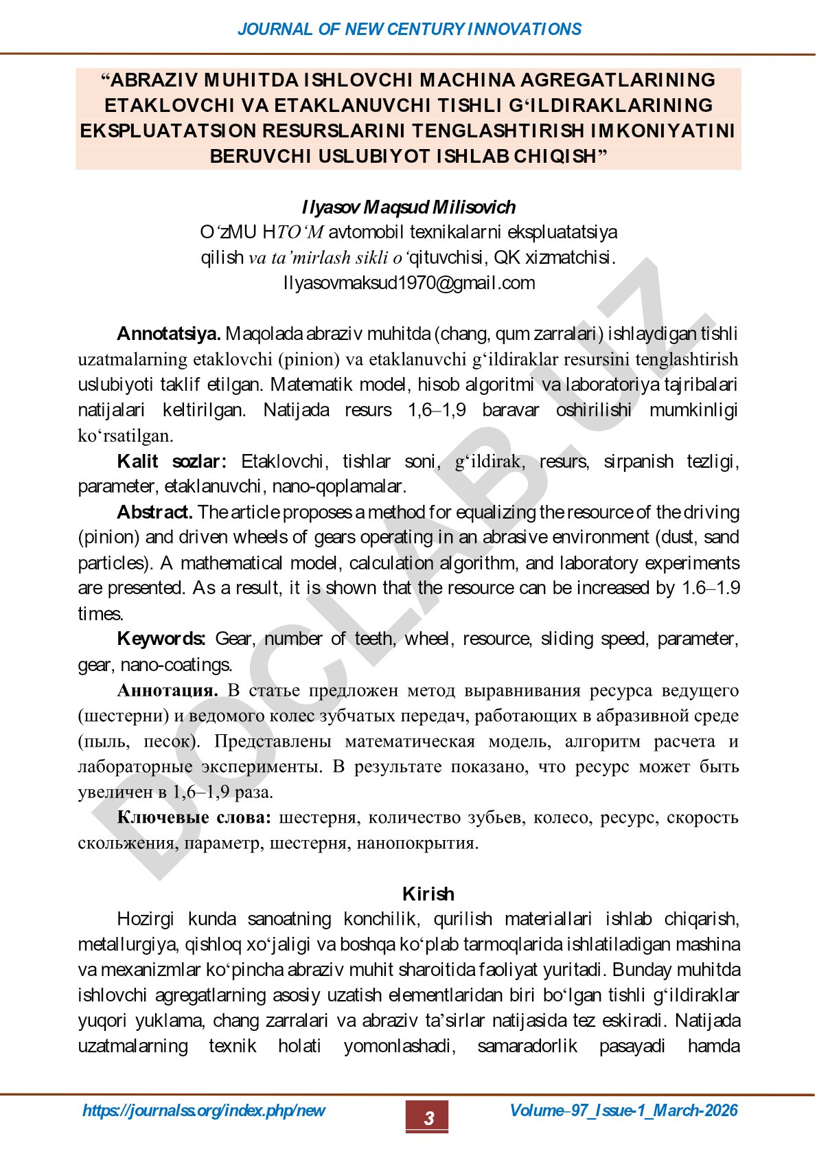 Abraziv muhitda ishlovchi mashina agregatlarining tishli g'ildiraklar resursini tenglashtirish uslubiyoti