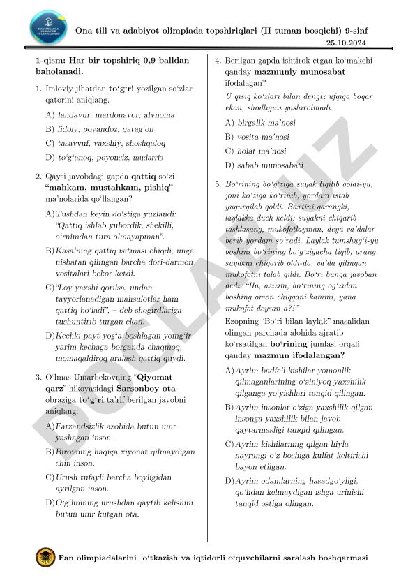 Ona tili va adabiyot olimpiada topshiriqlari (II tuman bosqichi) 9-sinf