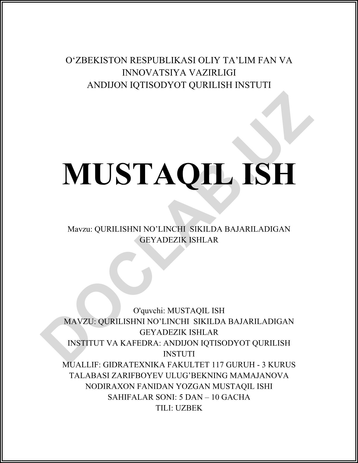 Qurilishni no'linchi sikilda bajariladigan geodezik ishlar