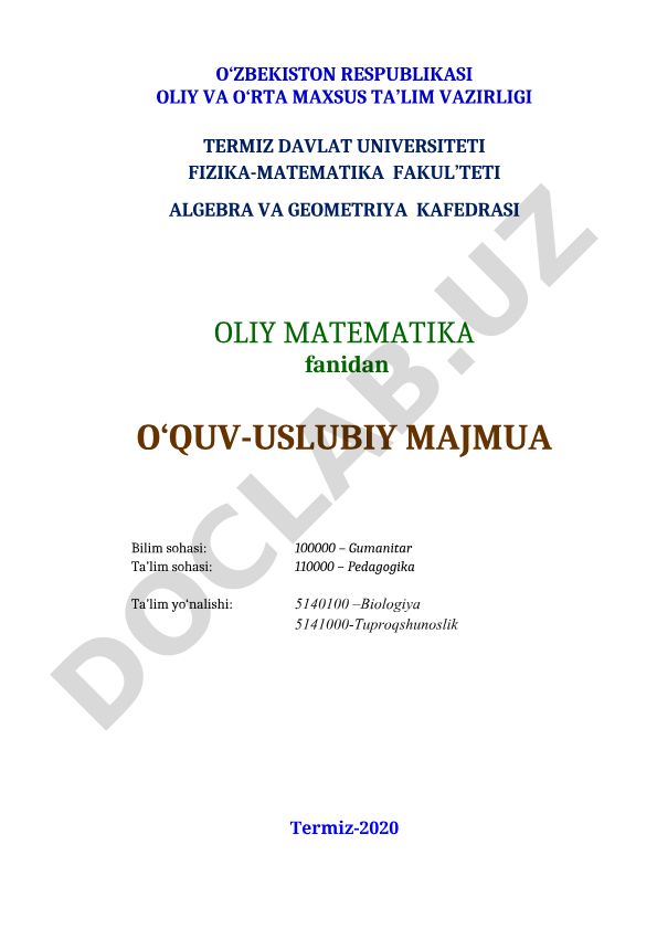 Oliy matematika fanidan o'quv-uslubiy majmua
