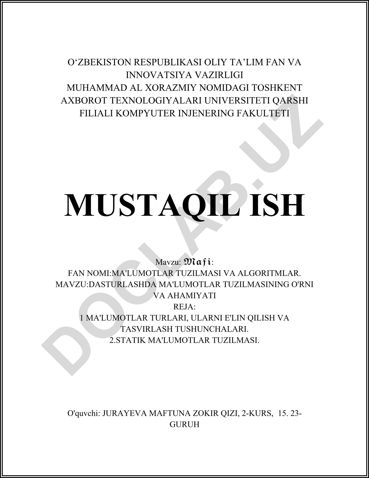 Dasturlashda ma'lumotlar tuzilmasining o'rni va ahamiyati