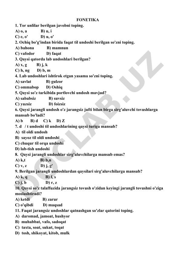 Fonetika fanidan test savollari