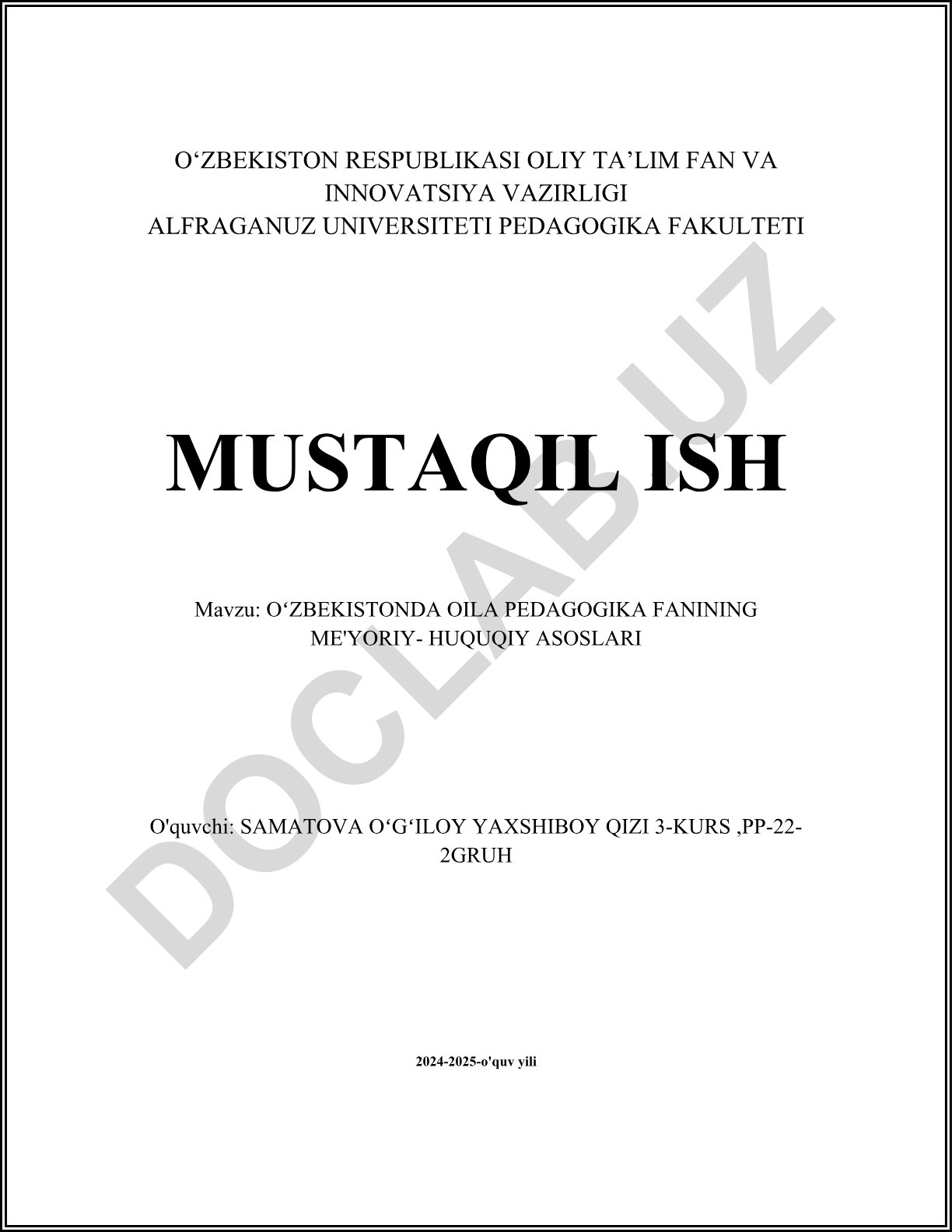 Oʻzbekistonda oila pedagogika fanining me'yoriy-huquqiy asoslari