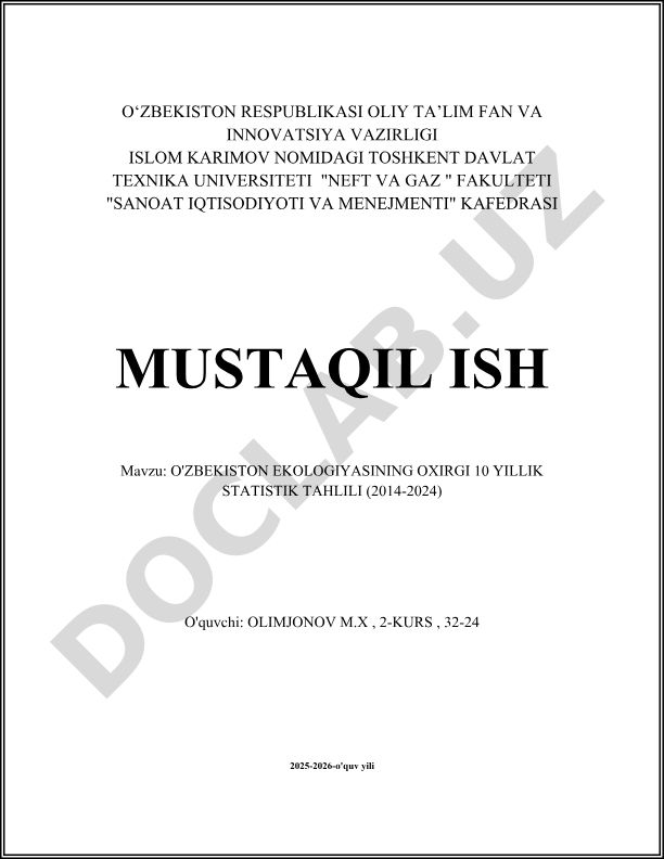O'zbekiston ekologiyasining oxirgi 10 yillik statistik tahlili (2014-2024)