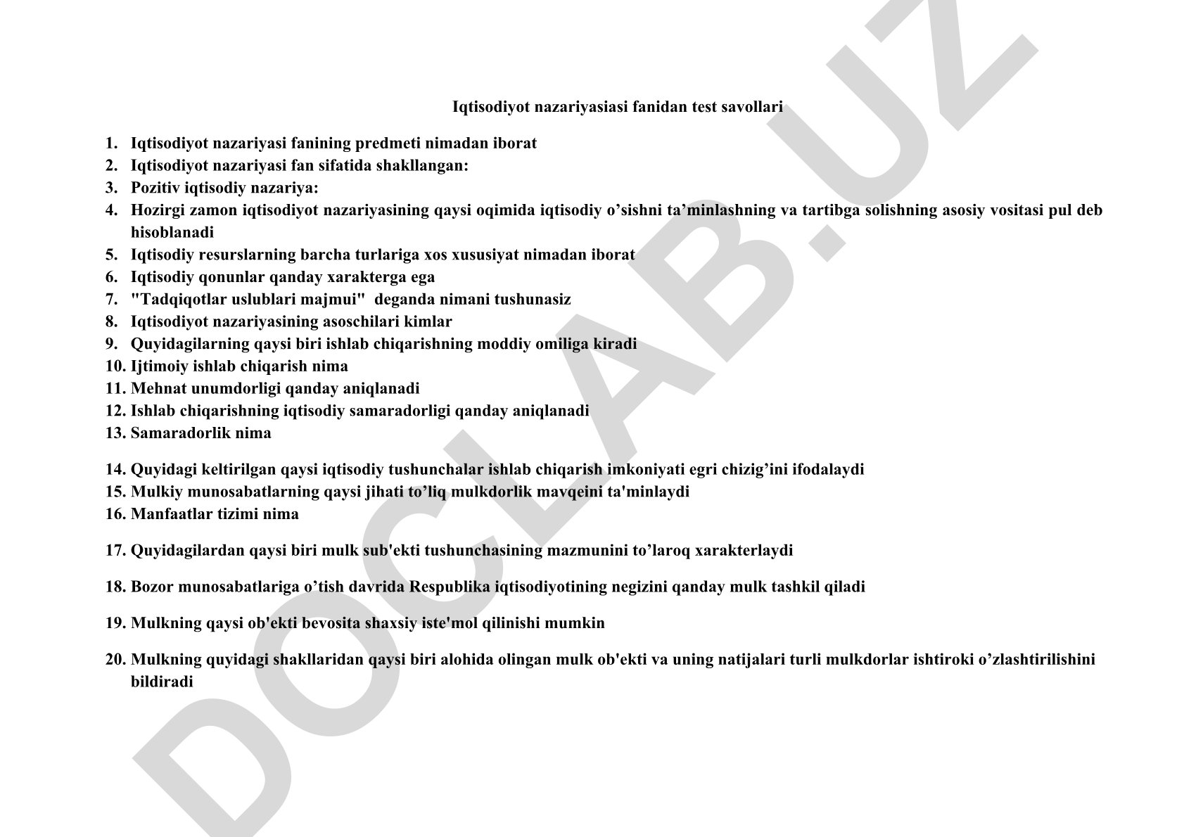 Iqtisodiyot nazariyasi fanidan test savollari