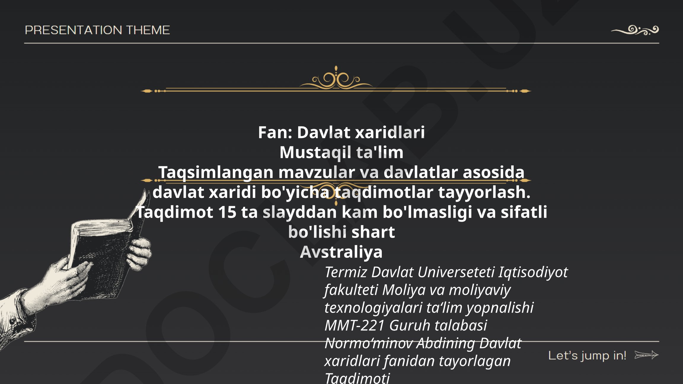 Davlat xaridlari fanidan taqsimlangan mavzular va davlatlar asosida taqdimot