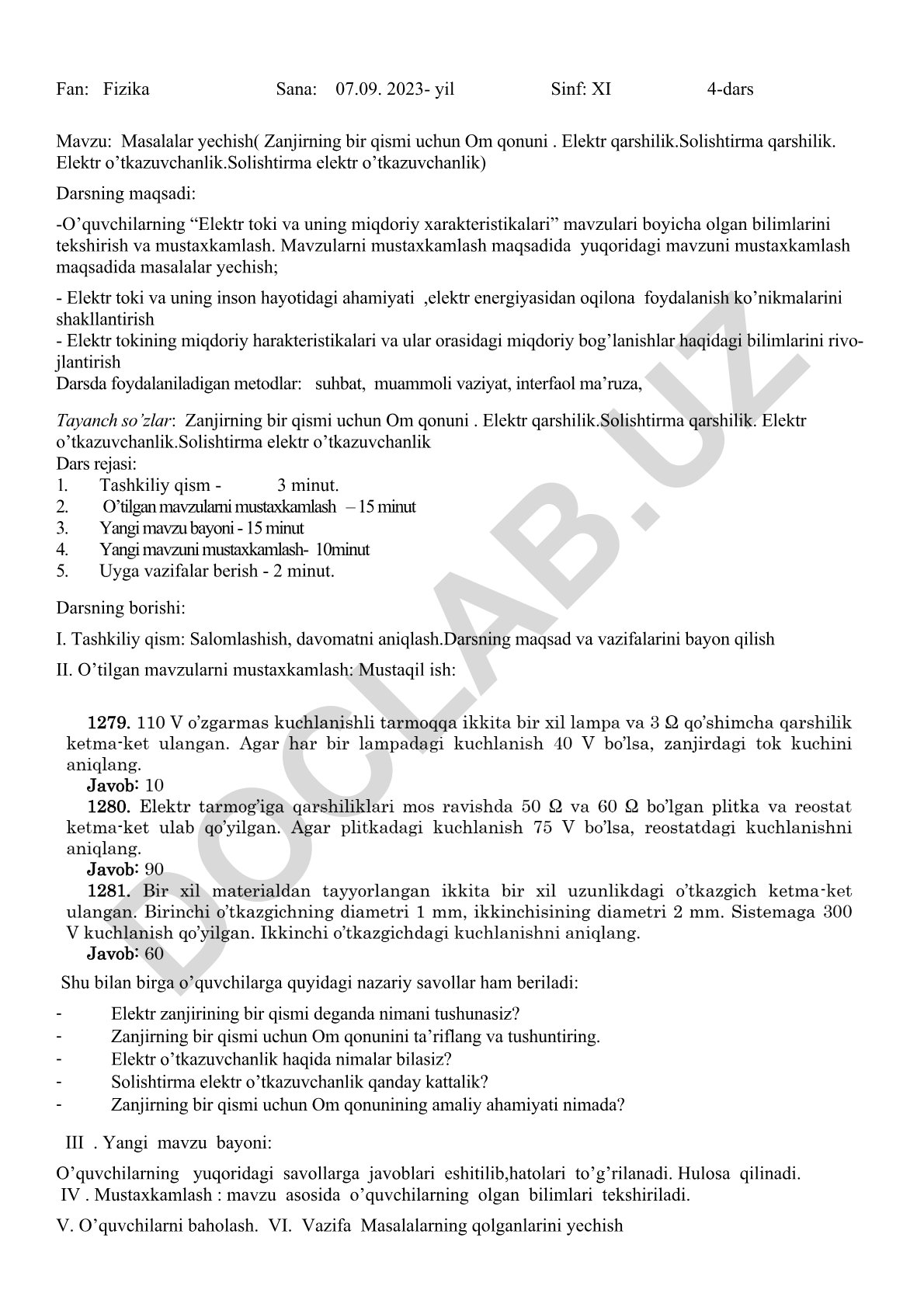 Masalalar yechish (Zanjirning bir qismi uchun Om qonuni, Elektr qarshilik, Solishtirma qarshilik, Elektr o’tkazuvchanlik, Solishtirma elektr o’tkazuvchanlik)