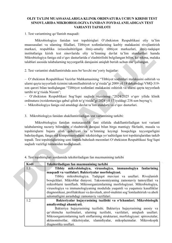 Klinik ordinatura uchun kirish test sinovlarida mikrobiologiya fanidan test variantlari