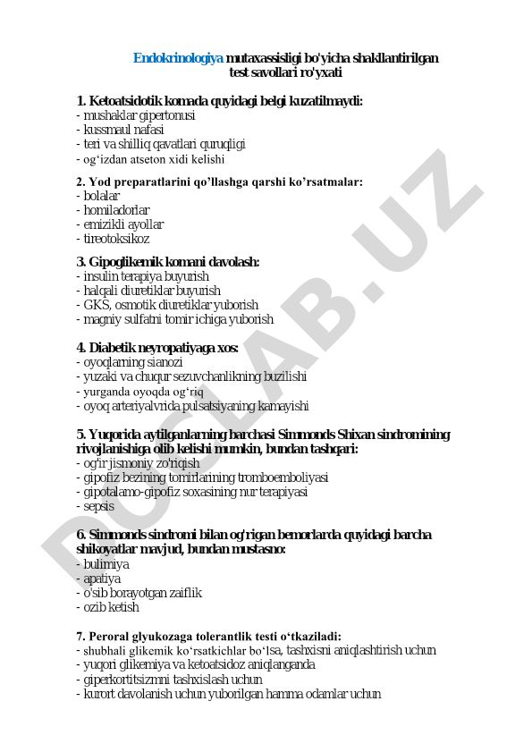 Endokrinologiya mutaxassisligi bo'yicha test savollari