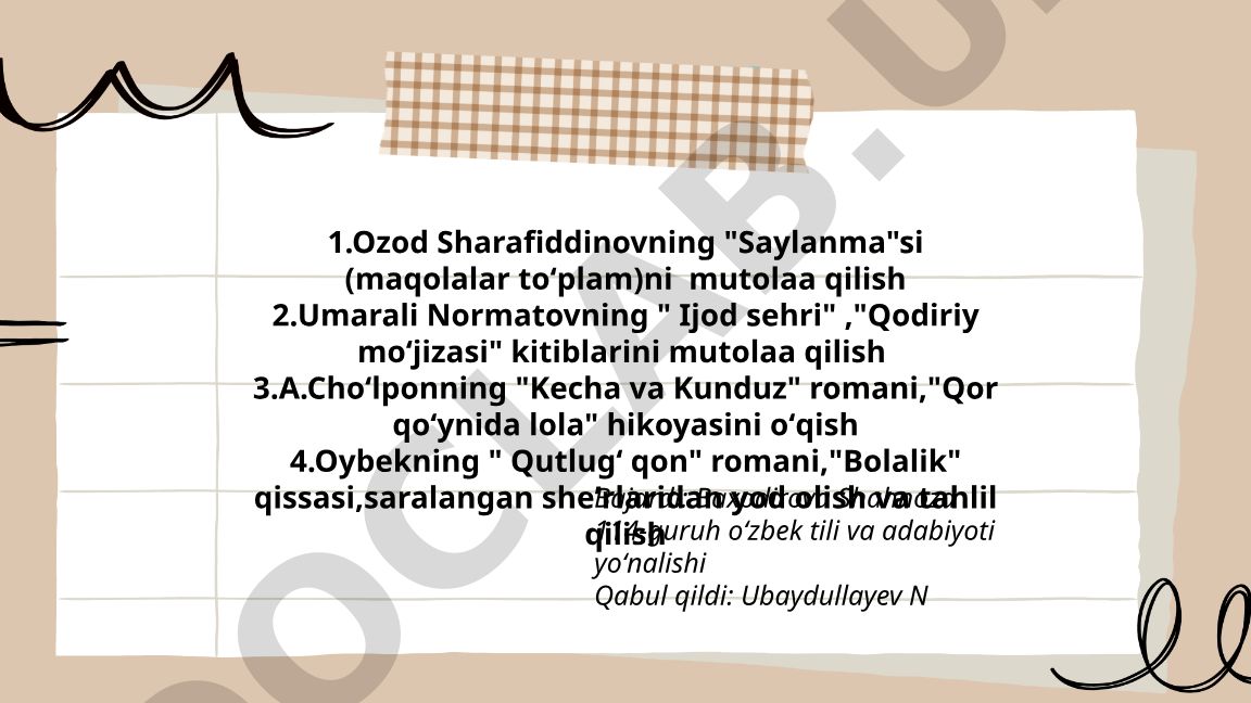 O'zbek adabiyoti asarlarini mutolaa qilish va tahlil qilish