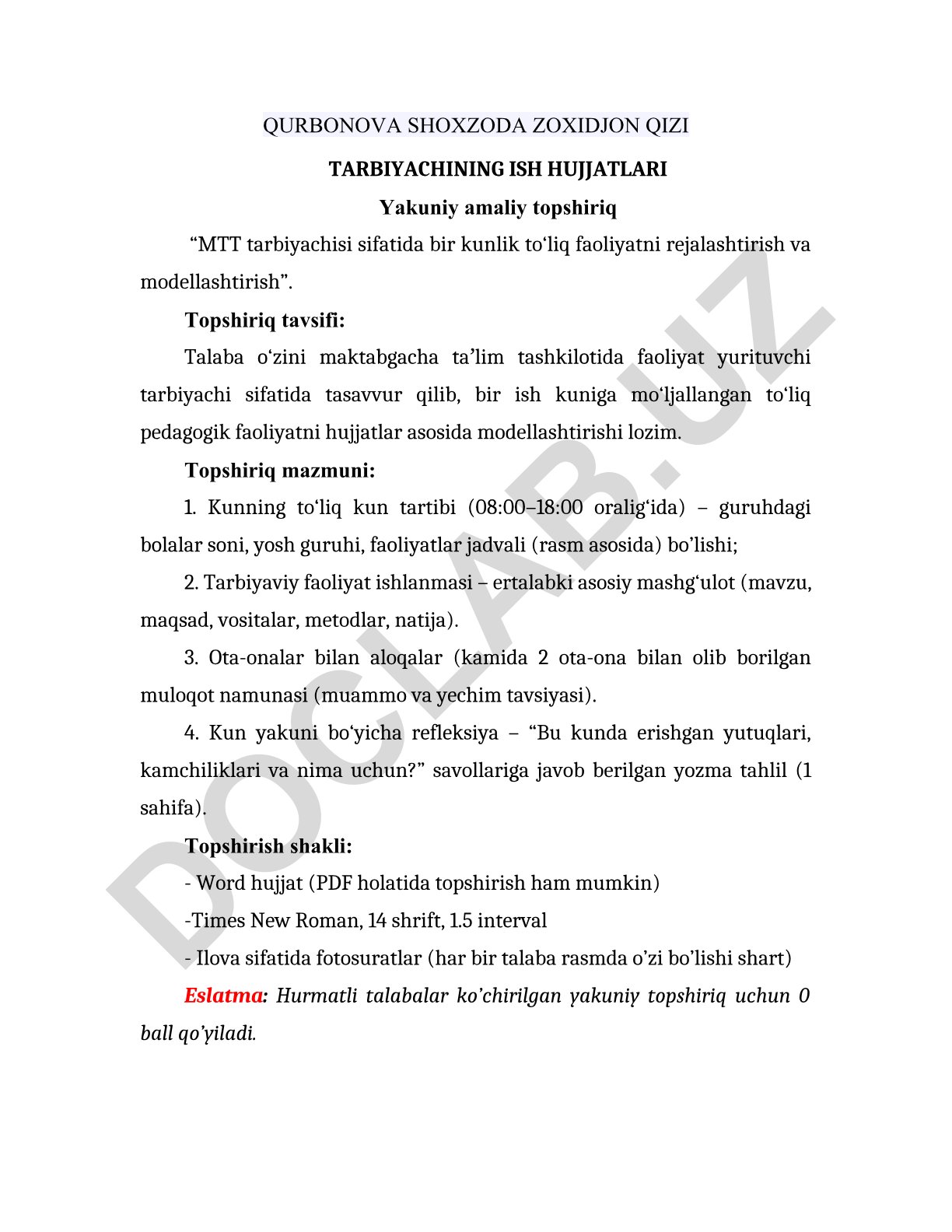 MTT tarbiyachisi sifatida bir kunlik to‘liq faoliyatni rejalashtirish va modellashtirish
