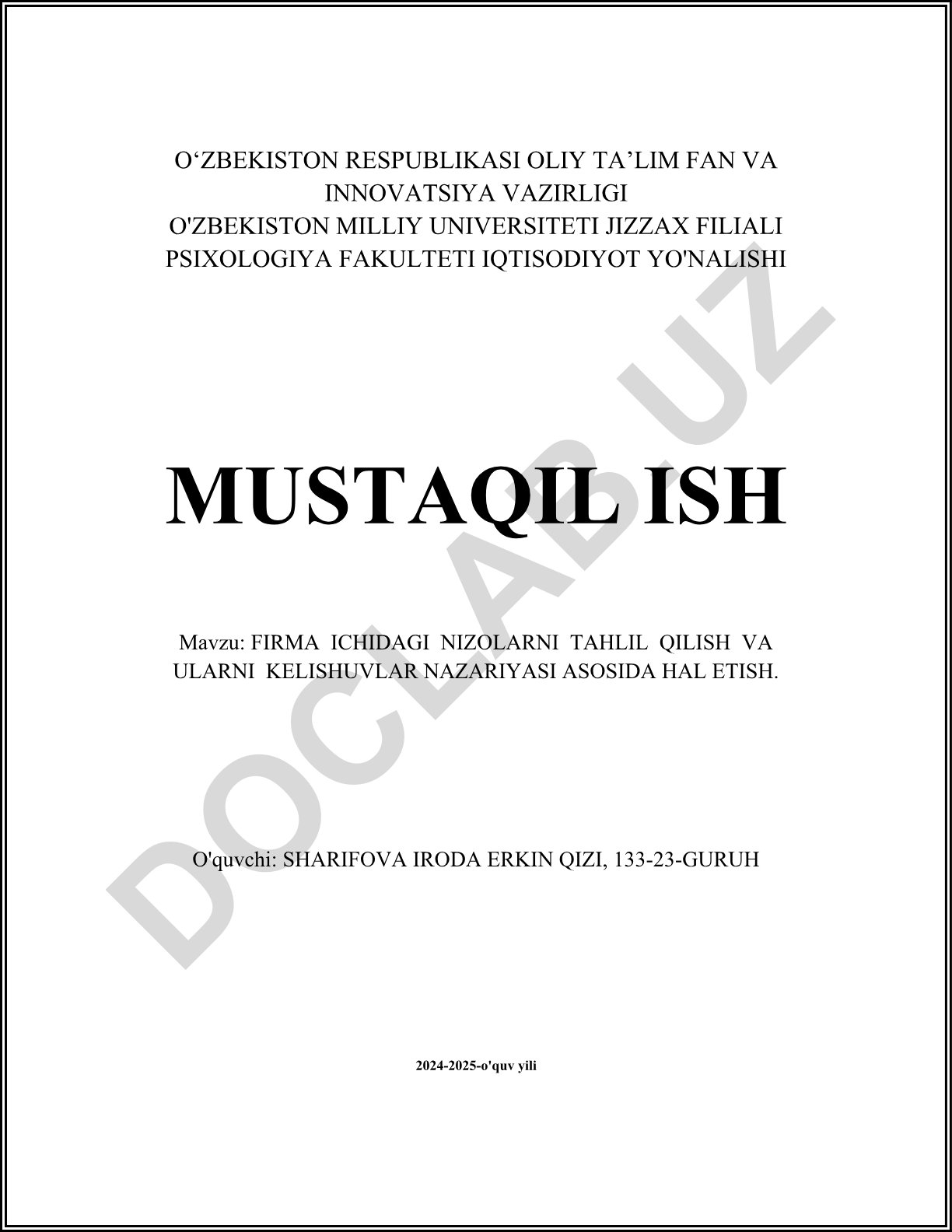 Firma ichidagi nizolarni tahlil qilish va ularni kelishuvlar nazariyasi asosida hal etish