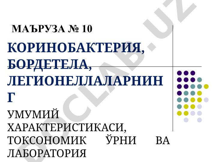 Коринобактерия, бордетела, легионеллаларнинг умумий характеристикаси, таксономик ўрни ва лаборатория диагностикаси