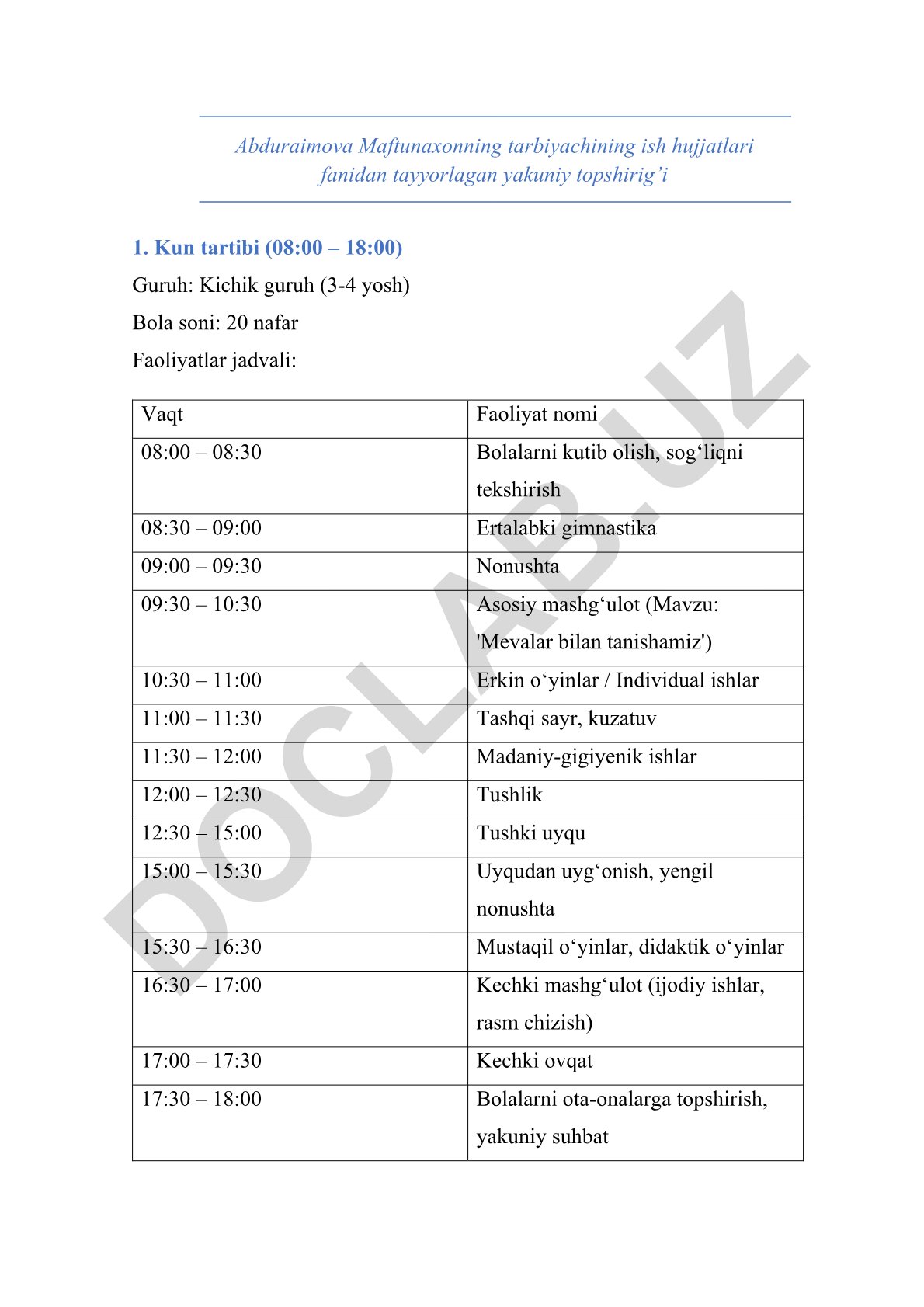 Maktabgacha yoshdagi bolalar uchun kun tartibi va 'Mevalar bilan tanishamiz' mashg'uloti