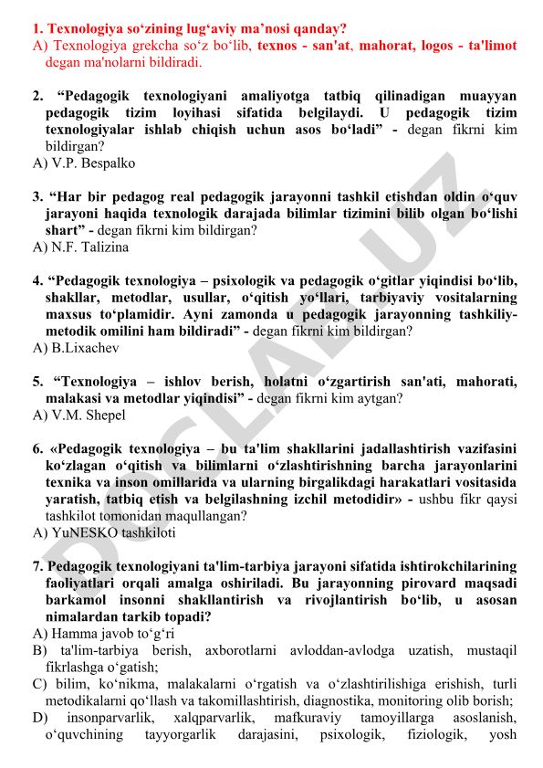 Pedagogik texnologiyalar haqida test savollari