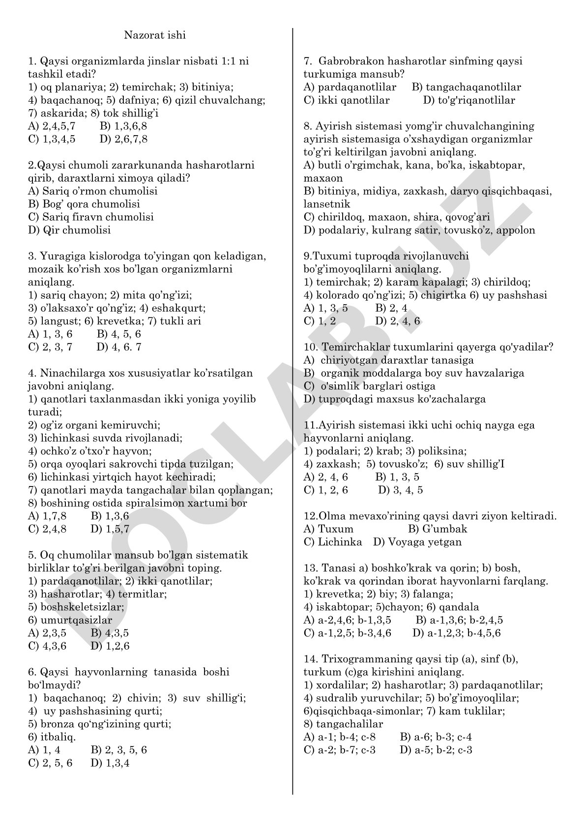 Hayvonlar biologiyasidan test savollari