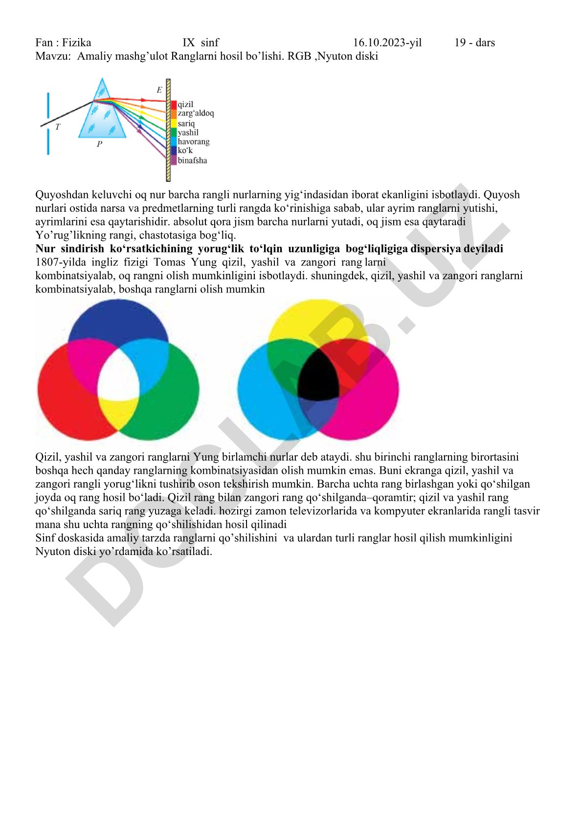 Ranglarni hosil bo'lishi. RGB, Nyuton diski