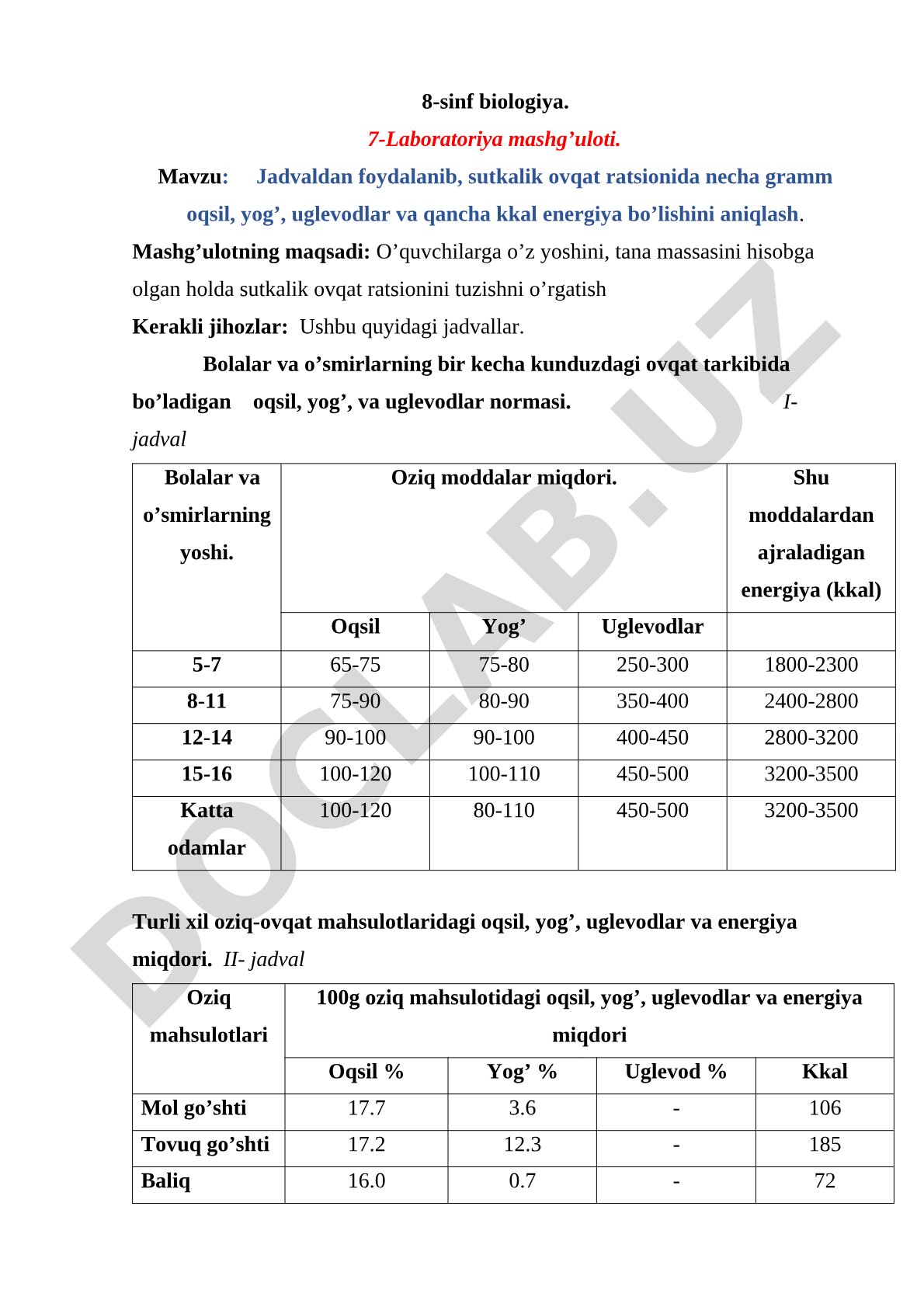 Sutkalik ovqat ratsionida oqsil, yog', uglevodlar va energiya miqdorini aniqlash