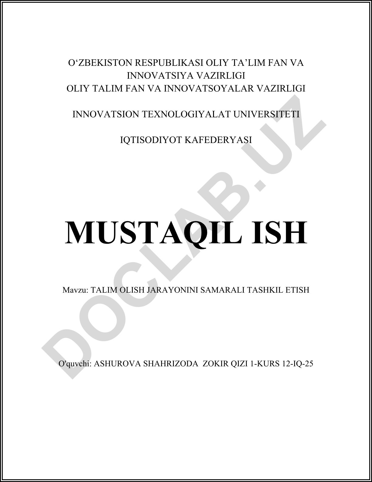 Talim olish jarayonini samarali tashkil etish