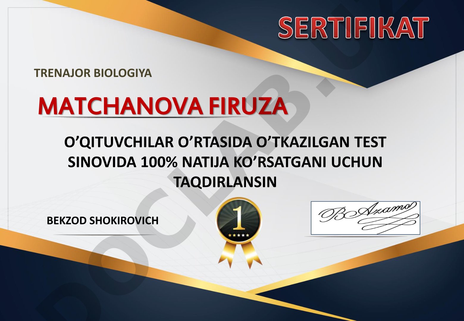 Biologiya trenajori test sinovida 100% natija ko'rsatgani uchun taqdirlash