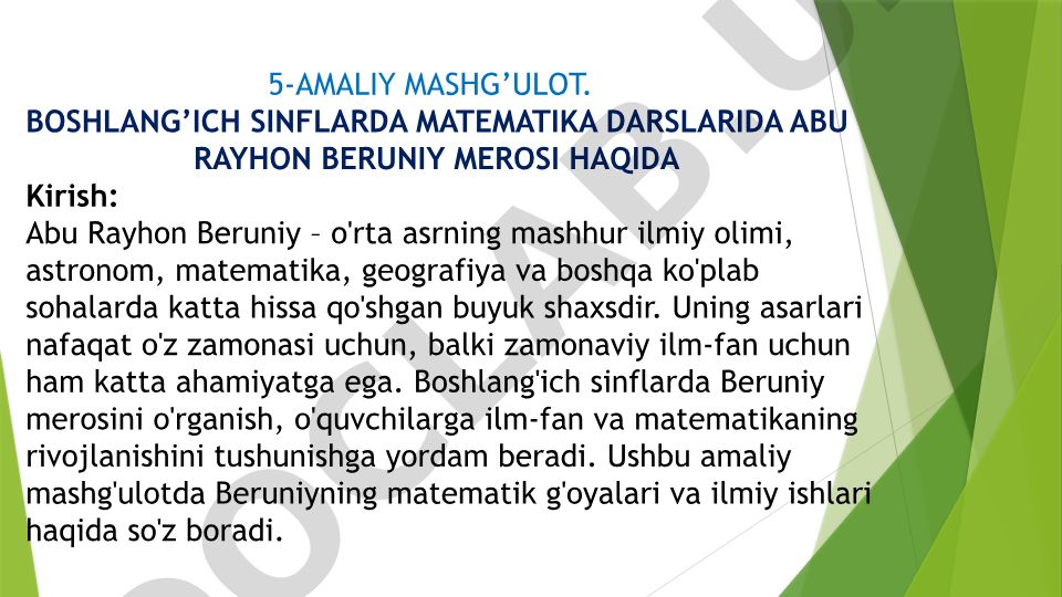 Boshlang'ich sinflarda matematika darslarida Abu Rayhon Beruniy merosi