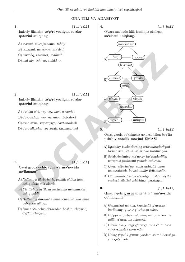Ona tili va adabiyot fanidan test topshiriqlari