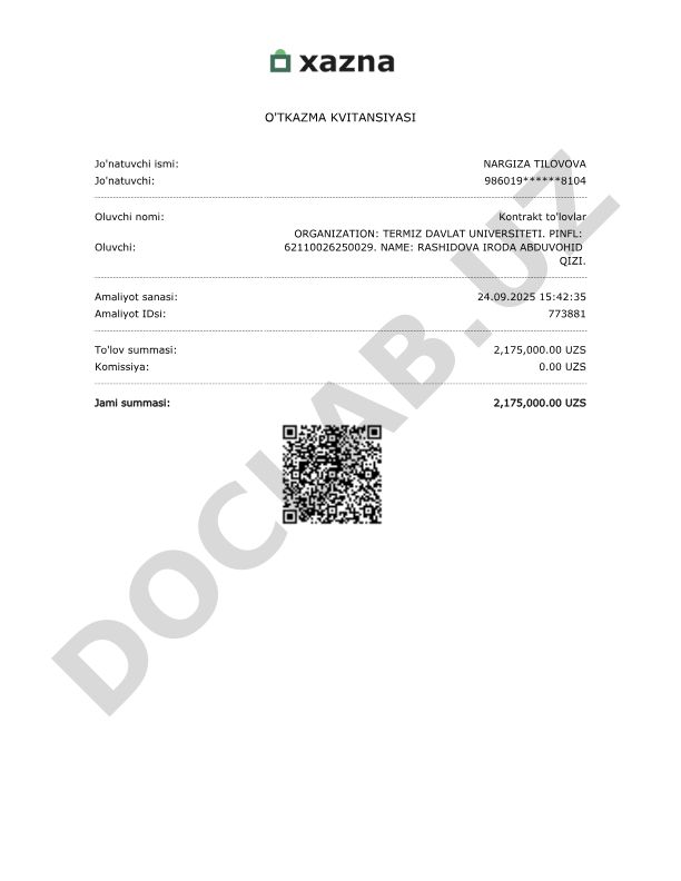 Termiz Davlat Universiteti uchun kontrakt to'lovi o'tkazmasi