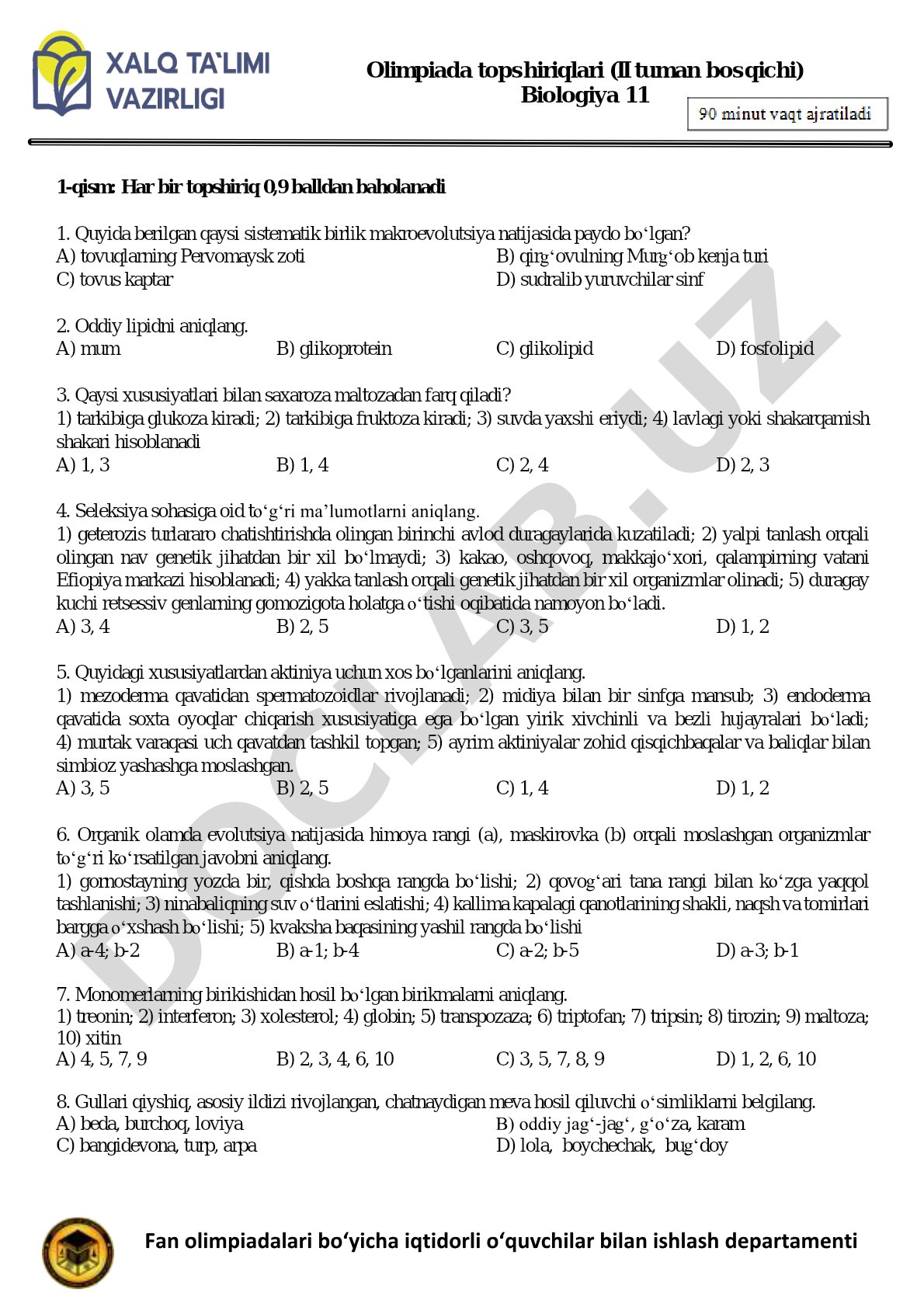 Olimpiada topshiriqlari (II tuman bosqichi) Biologiya 11