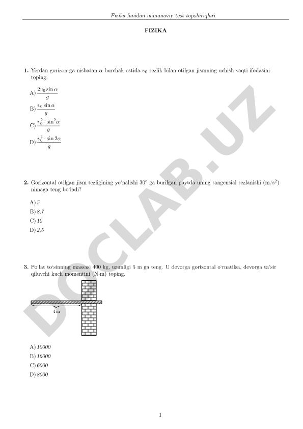 Fizika fanidan namunaviy test topshiriqlari