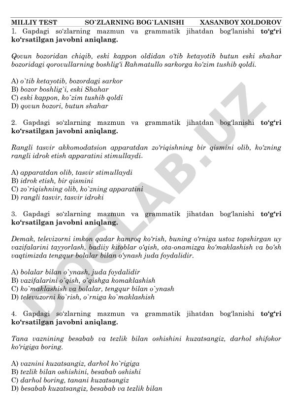 So'zlarning mazmun va grammatik bog'lanishi test savollari