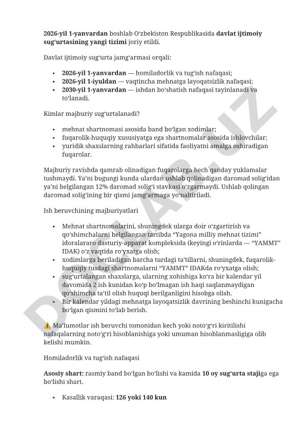 O‘zbekistonda davlat ijtimoiy sug‘urtasining yangi tizimi