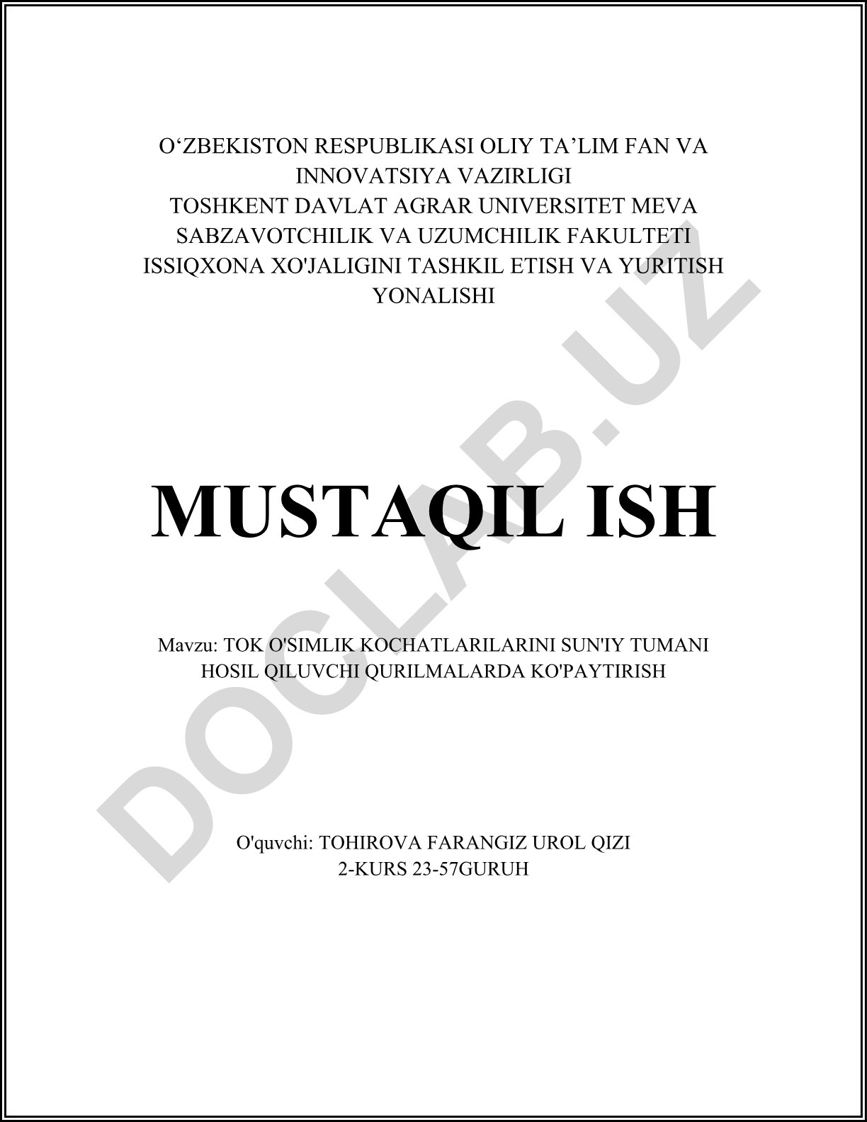 TOK O'SIMLIK KOCHATLARILARINI SUN'IY TUMANI HOSIL QILUVCHI QURILMALARDA KO'PAYTIRISH
