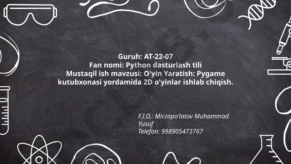 Pygame kutubxonasi yordamida 2D o'yinlar ishlab chiqish