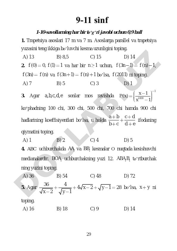 10-sinf matematika savollari va masalalari