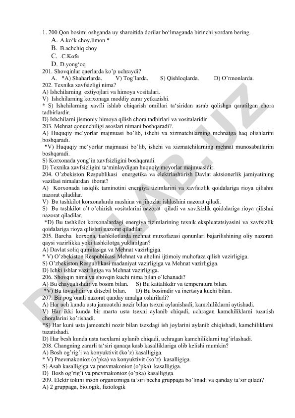 Mehnat muhofazasi va birinchi yordam test savollari