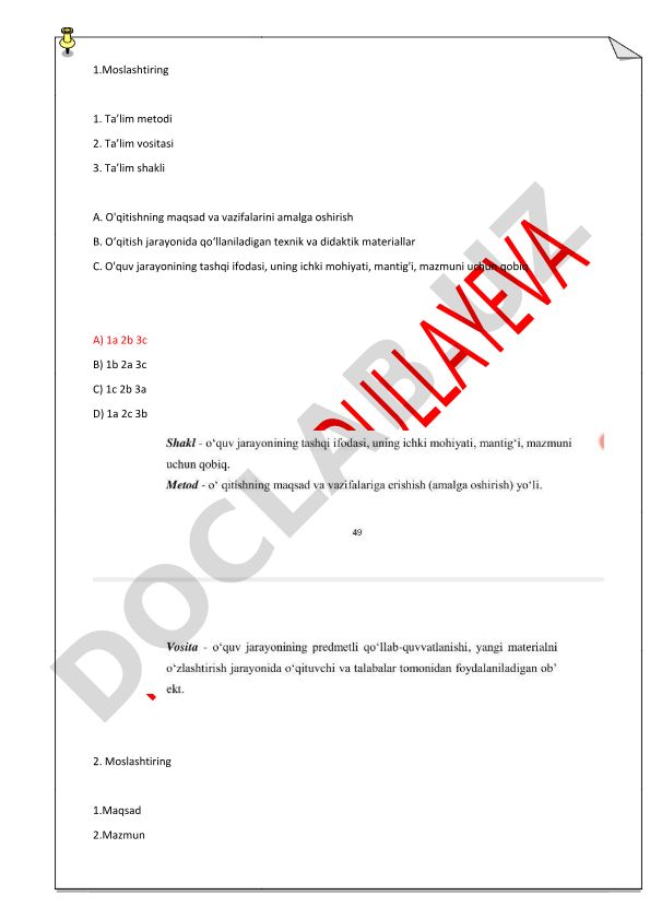 Pedagogika test savollari: ta'lim metodlari, vositalari va shakllari
