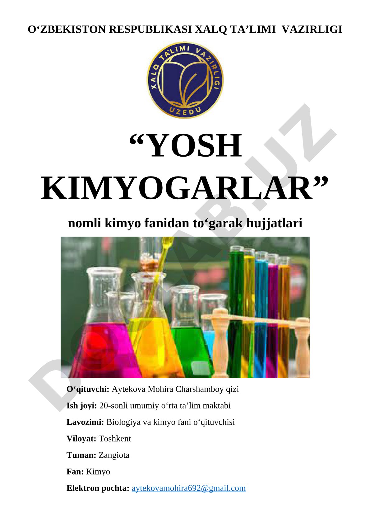 Yosh kimyogarlar to‘garak ish rejasi