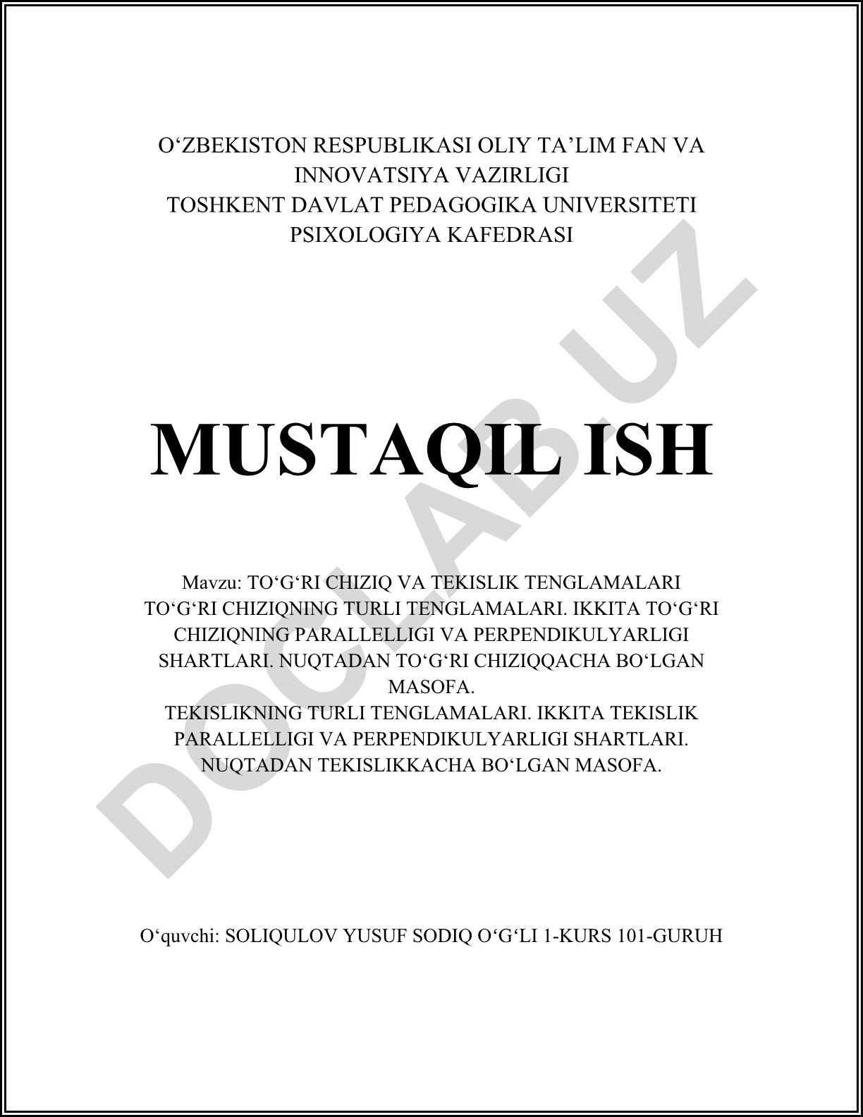 To‘g‘ri chiziq va tekislik tenglamalari