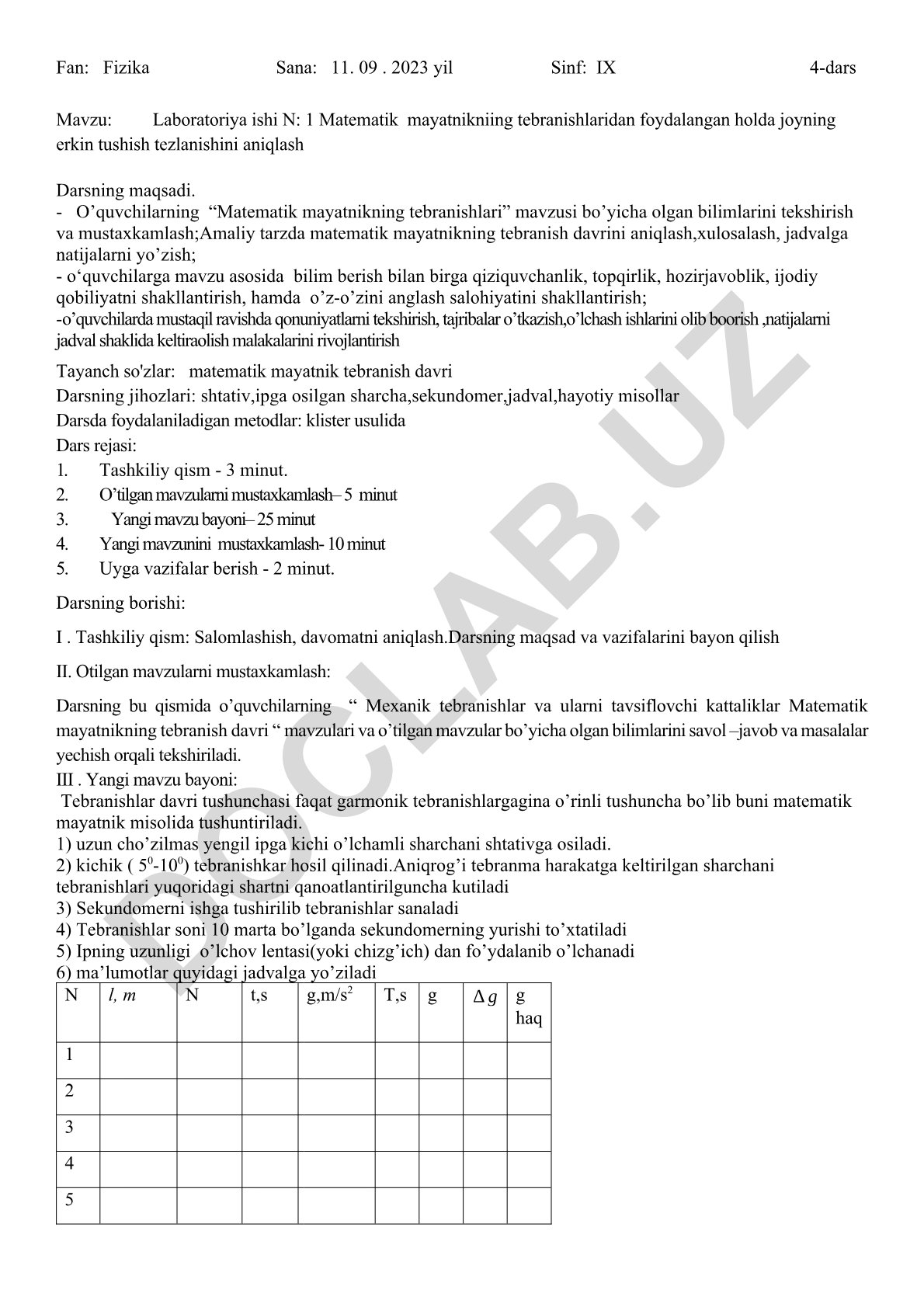 Matematik mayatnikning tebranishlari orqali erkin tushish tezlanishini aniqlash