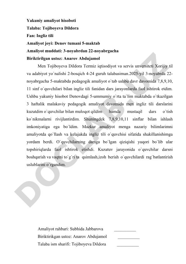 Denov tumani 5-maktabda ingliz tili pedagogik amaliyoti hisoboti