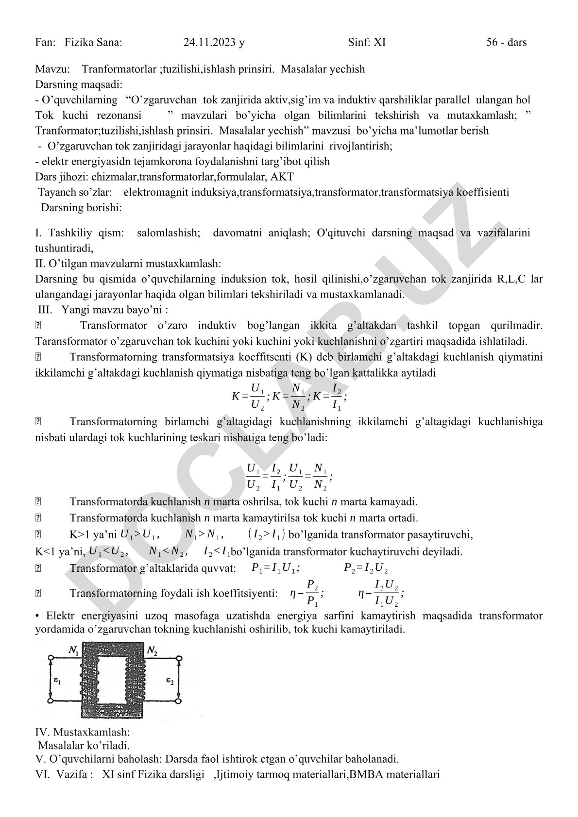 Transformatorlar: tuzilishi, ishlash prinsipi va masalalar yechish