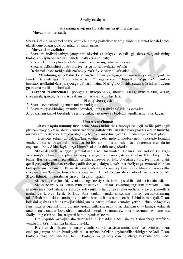 Shaxsning rivojlanishi, tarbiyasi va ijtimoiylashuvi